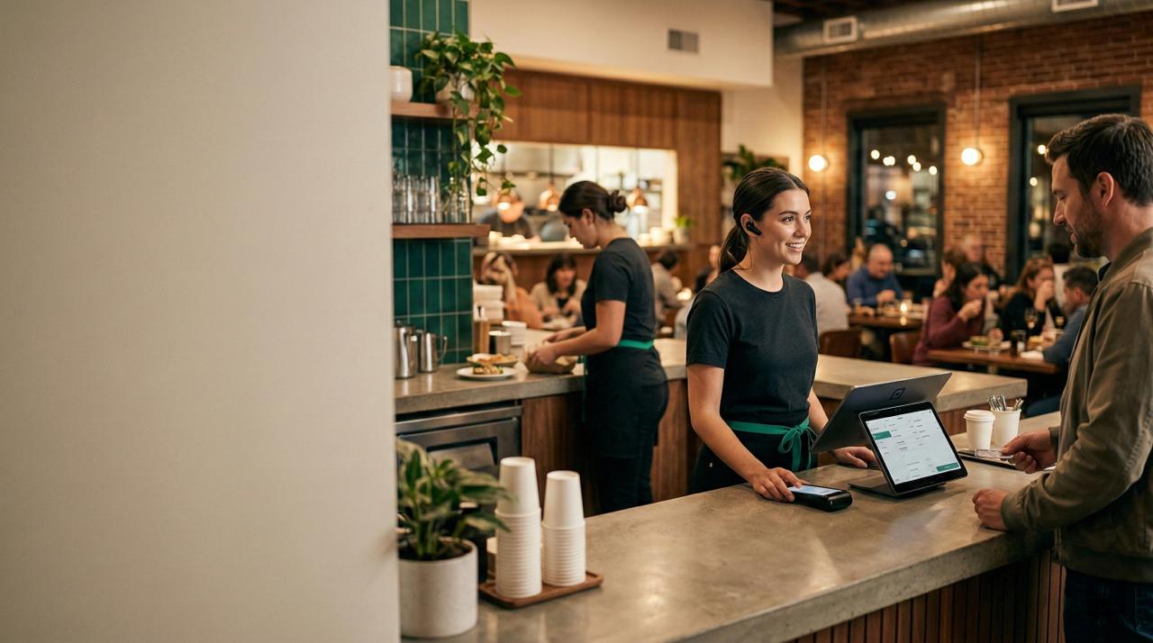 Restaurant front counter during peak hours with smooth service operations